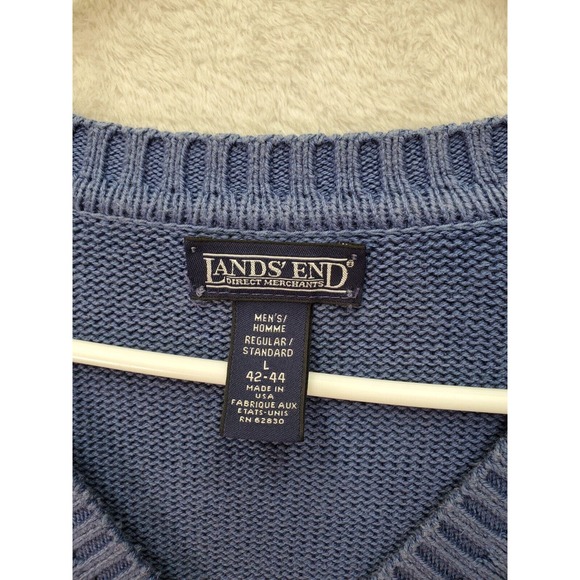 Lands' End Sweater Men Large Blue Knit Cotton Long Raglan Sleeve V Neck Pullover - Picture 7 of 9
